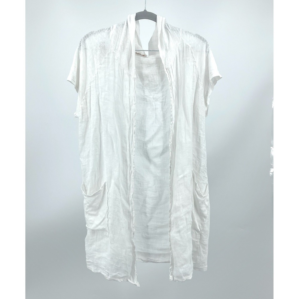Suzy D London Hooded Cardigan Womens S/M White Linen Open Front Pockets Italy